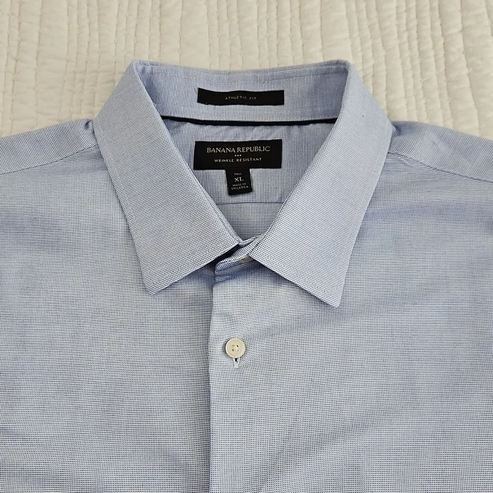 Banana Republic Mens XL Tall Blue Athletic Fit Wrinkle Resistant Plaid Shirt EUC